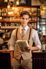 young waiter with vest Holding Menus.