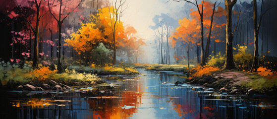 Autumn forest with reflection in the river. Digital oil color painting illustration.