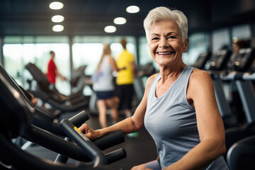 Portrait of happy senior woman exercising in fitness gym studio - obrazy, fototapety, plakaty