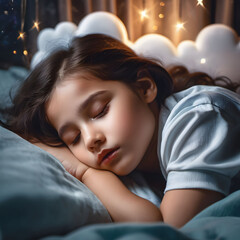 kid sleeping in a bed with a cloud of dreams around her head. AI generative.
