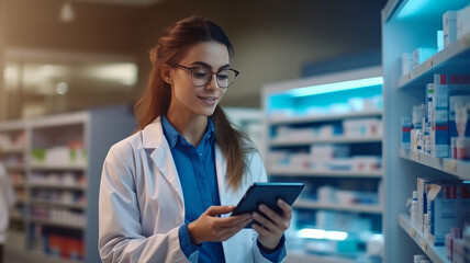photograph of A beautiful pharmacist uses digital tablet computer. - obrazy, fototapety, plakaty