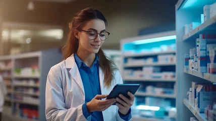 Photo sur Plexiglas Pharmacie photograph of A beautiful pharmacist uses digital tablet computer.