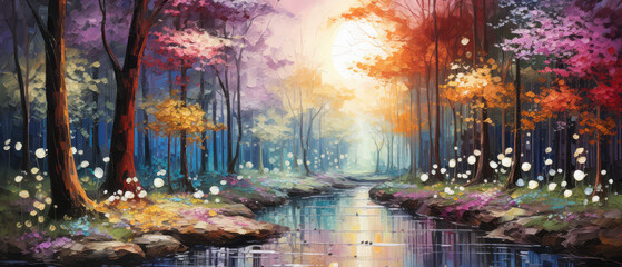 Beautiful spring landscape with river and forest. Digital oil color painting illustration.