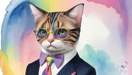 AIイラスト素材(水彩):知的でお洒落な働くスーツを着たネコ【AI生成画像】

