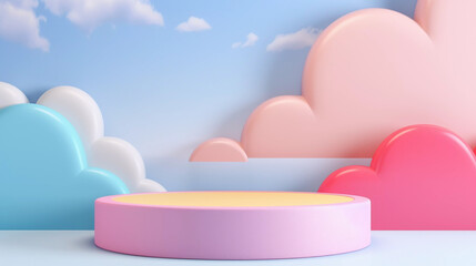 3D rendering podium colourful and childish style, blue sky background, clouds, rainbow, and weather with empty space for kids or baby products. Bright and pastel colors.