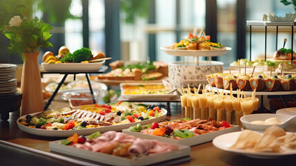 Fototapeta premium Buffet Party, Food Buffet Catering Dining Eating Party Sharing in the Restaurant. Generative Ai