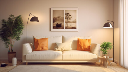 interior design of modern living room with beige fabric sofa and cushions.