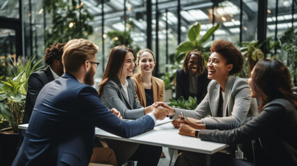 overjoyed young diverse employees workers show thumb up recommend good quality company service.generative ai