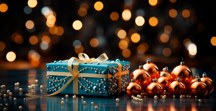 Beautiful Christmas gift box on bright bokeh background - AI generated image