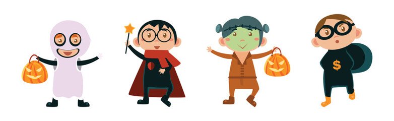 Kids in Halloween Costumes at Festive Party Vector Set