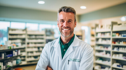 Fototapeta na wymiar photograph of Smiling portrait of a handsome pharmacist in a pharmacy store.generative ai