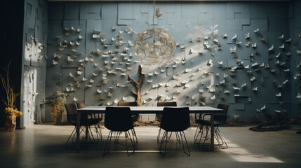 Paper art and craft design concept meeting room decorate by book , document and paper with nice view. Created using generative AI.