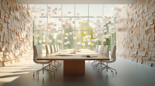 Modern Meeting room with sun light and nice decoration and scenery in paper art and craft design concept. Created using generative AI.