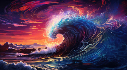 Colorful wave splashing into the sunset