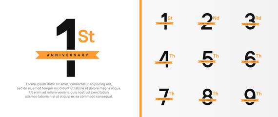 set of anniversary logo black color number and orange ribbon on white background for celebration