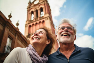 happy senior man and woman on a trip in the old city. Travel concept. generative ai.