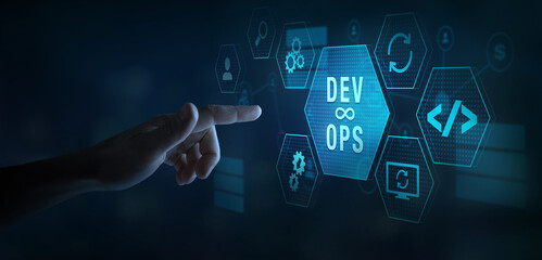 DevOps and agile programming concept on touchscreen, software development and IT operations