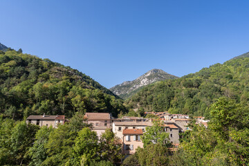 Fototapeta na wymiar Scenic summer view of the ancient mountain village of Salvezines in the Boulzane valley, French Pyrenees, Aude, France