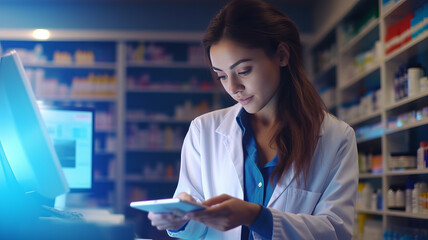 photograph of A beautiful pharmacist uses digital tablet computer.generative ai
