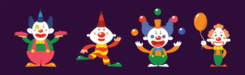 Bright Clown Character in Circus Costume Vector Set