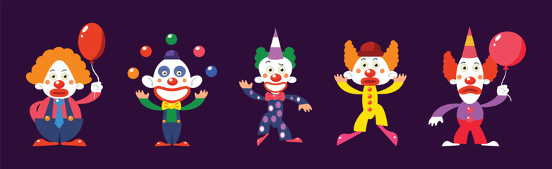 Bright Clown Character in Circus Costume Vector Set