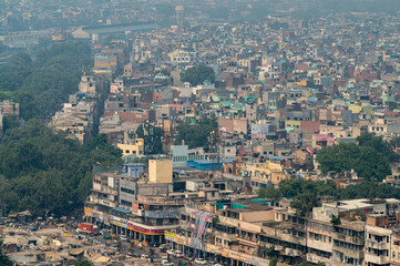 Aerial View of Old Delhi on a smoggy afternoon.