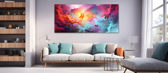 an abstract painting hangs on the wall of a living room