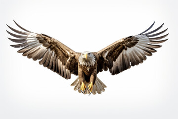 Adult White-tailed Eagle in flight on a white background.