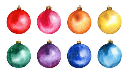 8 Christmas bright colorful balls. Hand drawn watercolor illustration of New Year's decorations.