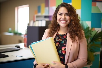 Young plus size businesswoman smiling happy holding binder in the office. Generative AI