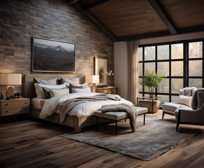 modern bedroom featuring farmhouse interior design elements and hardwood floors