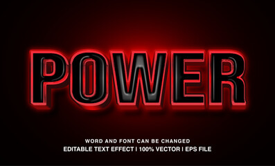 Power editable text effect template, 3d bold glossy red neon light typeface, premium vector