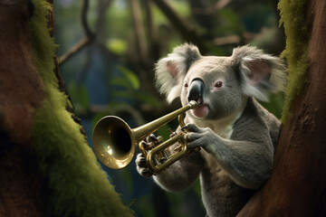 cute koala playing trumpet