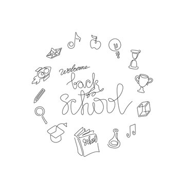 Back to school icons set, continuous line drawing, hand lettering small tattoo, print for clothes, t-shirt, emblem, logo design cover, one single line on white background, isolated vector illustration