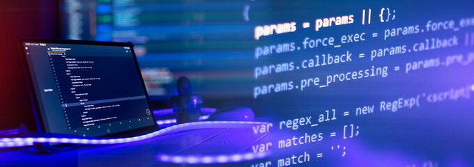Abstract computer script code. Programming code screen of software developer. Software Programming...