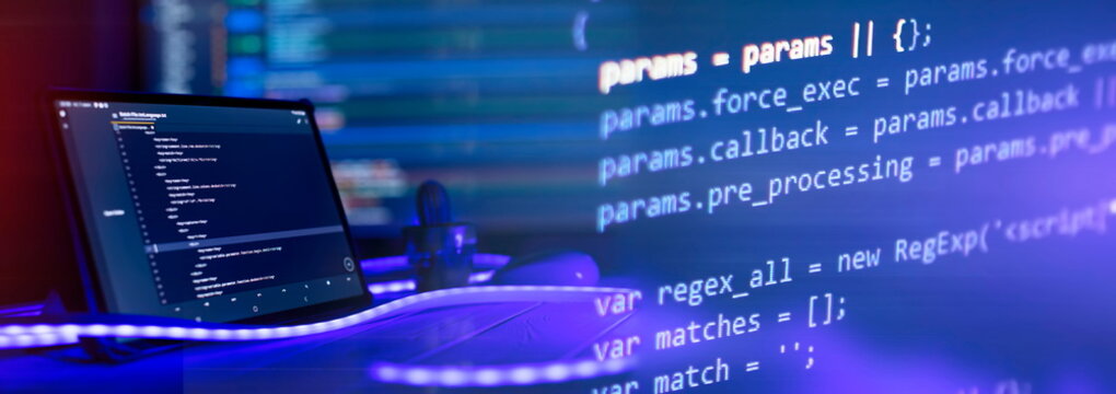 Abstract computer script code. Programming code screen of software developer. Software Programming Work Time.