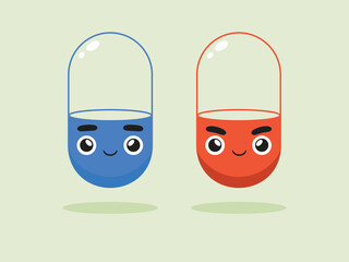 Blue Pill and Red Pill with expression. Isolated Vector Illustration