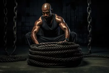 Zelfklevend Fotobehang Athletic man with battle rope doing exercise in the gym © jambulart