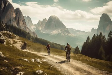 Fototapeta na wymiar friends on electric bicycles enjoying a scenic ride through beautiful mountains
