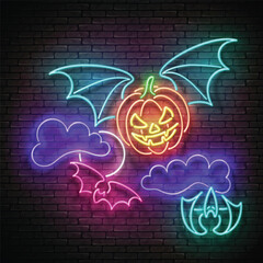 Glow Halloween Greeting Card with Flying Vampire Pumpkin on the Night Sky. Postcard Holiday Template. Shiny Neon Light Poster, Banner, Invitation. Brick Wall. Vector 3d Illustration