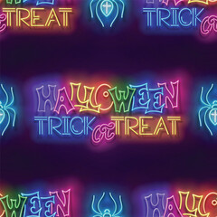 Seamless pattern with glow Halloween Trick or Treat Inscription