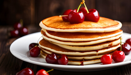 six pancakes stacked on top on a tray cherries brown wooden background  style