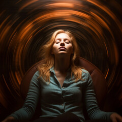 A Woman Seated in a Chair With Her Eyes Closed and Lights Swirling Around Her Head - obrazy, fototapety, plakaty