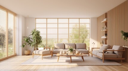The living room features a Japanese style natural wood design
