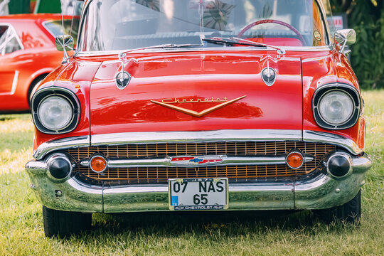 01 July 2023, Antalya, Turkey: classic red Chevrolet stands out at the exhibition, showcasing vintage charm and the timeless allure of old automobiles.