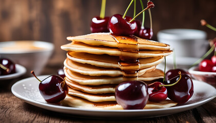 six pancakes stacked on top on a tray cherries brown wooden background  style - obrazy, fototapety, plakaty