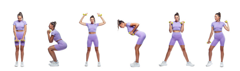 A beautiful slender woman in purple sportswear in different poses does exercises with dumbbells....