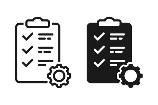 Task icon. Clipboard with checklist and gear sign. Vector illustration