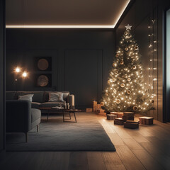 Interior of a cozy living room with a Christmas tree, generative AI.
