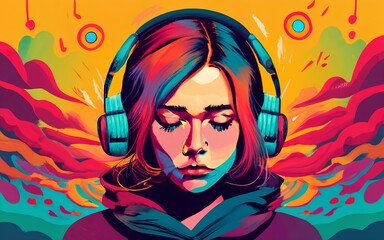 Colorful girl with headphones, auditory hallucinations - obrazy, fototapety, plakaty